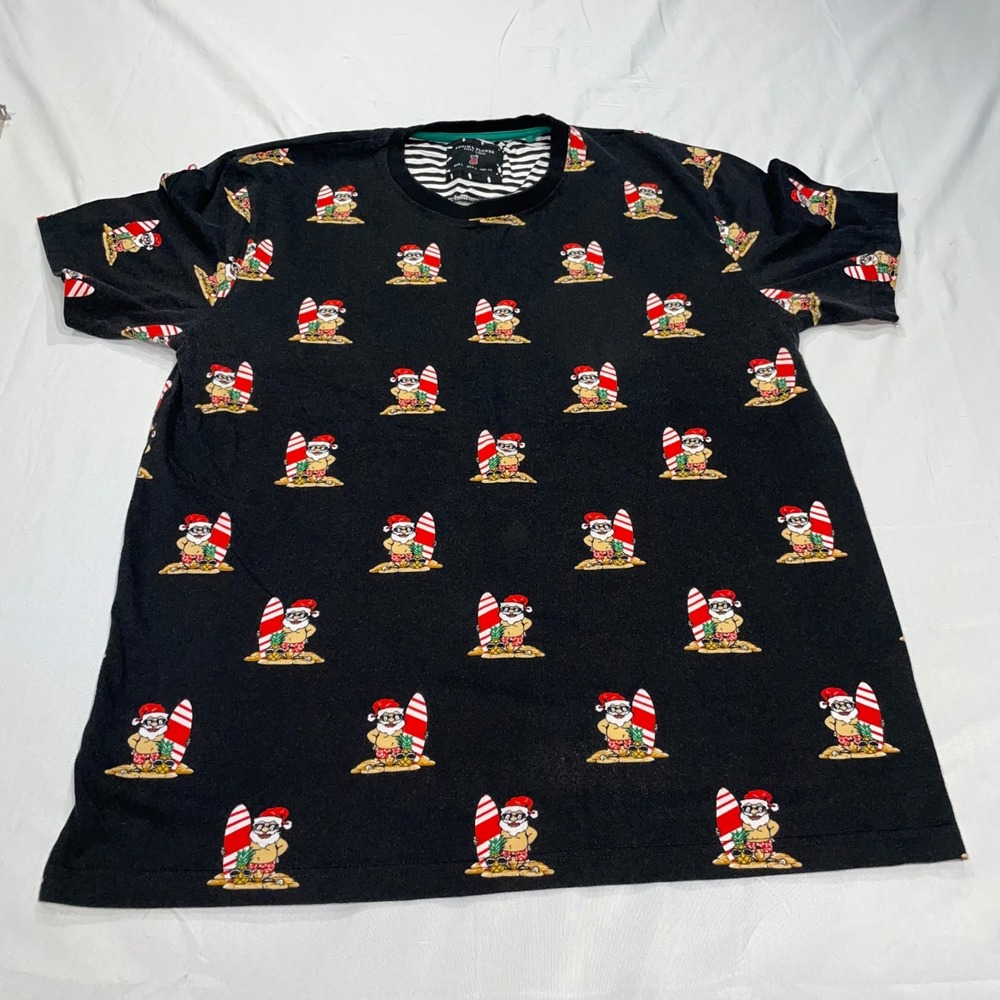 Denim & Flower Ricky Singh Mens Large Surfing Santa Christmas T-Shirt Black